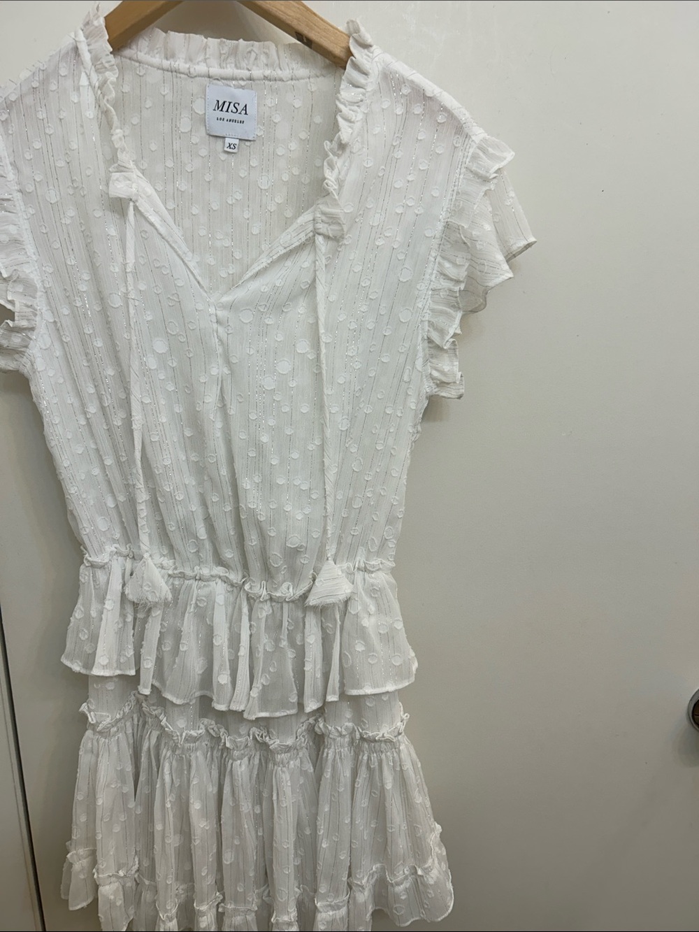 Misa Los Angeles Cream Swiss Dot Ruffle Tie-Waist Dress